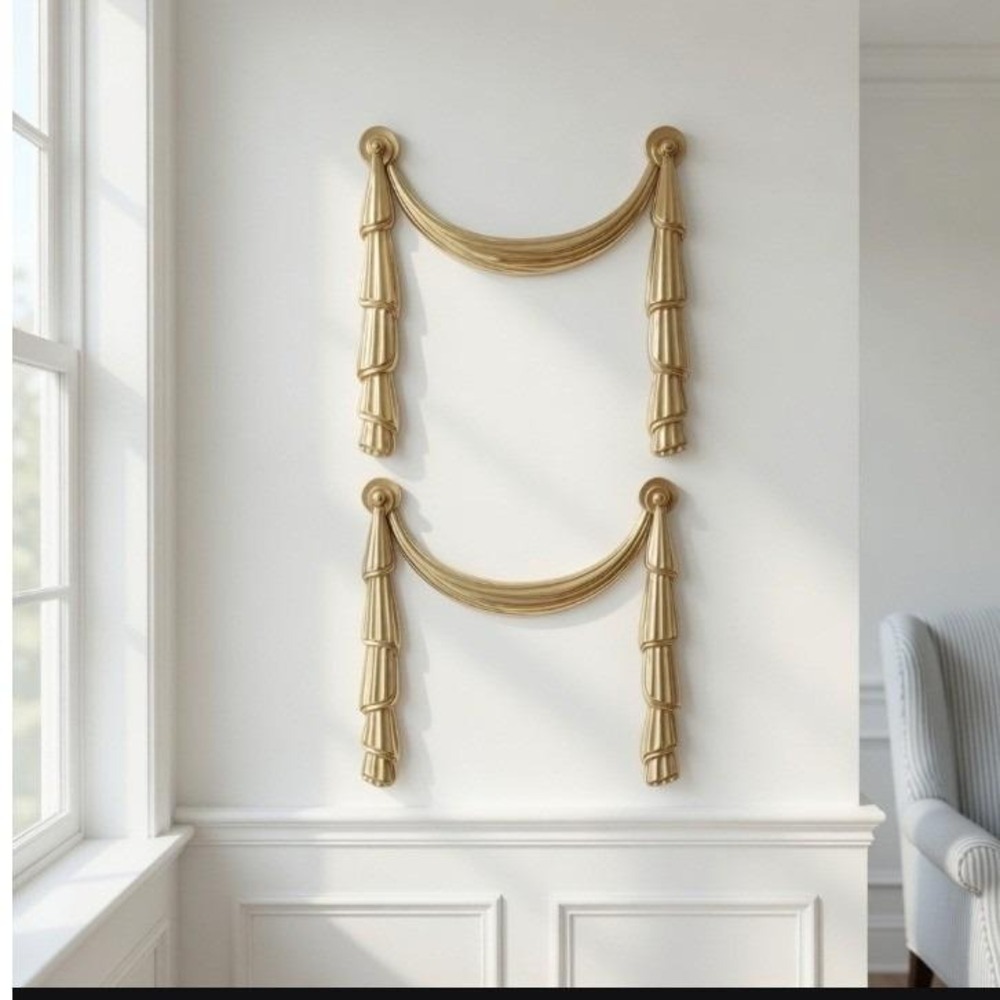 Vintage Solid Brass Swag and Tassel Wall Decor‎ Hollywood Regency Set of 2